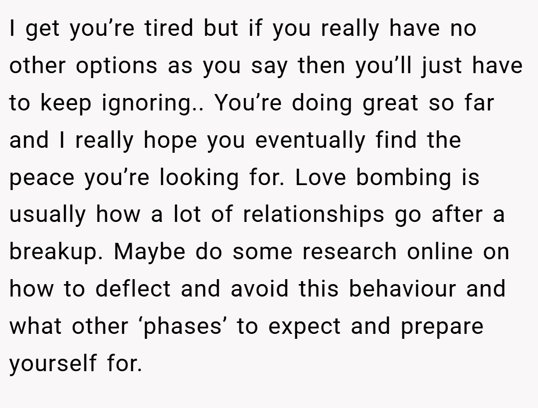 I get you’re tired but if you really have no other options as you say then you’ll just have to keep ignoring.. You’re doing great so far and I really hope you eventually find the peace you’re looking for. Love bombing is usually how a lot of relationships go after a breakup. Maybe do some research online on how to deflect and avoid this behaviour and what other ‘phases’ to expect and prepare yourself for.