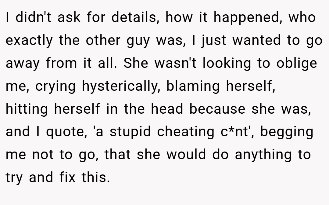 I didn't ask for details, how it happened, who exactly the other guy was, I just wanted to go away from it all. She wasn't looking to oblige me, crying hysterically, blaming herself, hitting herself in the head because she was, and I quote, 'a stupid cheating c*nt', begging me not to go, that she would do anything to try and fix this.