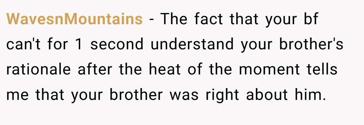 WavesnMountains − The fact that your bf can't for 1 second understand your brother's rationale after the heat of the moment tells me that your brother was right about him.