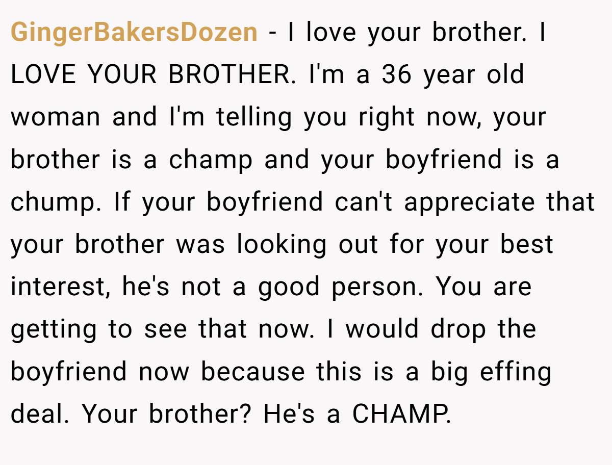 GingerBakersDozen − I love your brother. I LOVE YOUR BROTHER. I'm a 36 year old woman and I'm telling you right now, your brother is a champ and your boyfriend is a chump. If your boyfriend can't appreciate that your brother was looking out for your best interest, he's not a good person. You are getting to see that now. I would drop the boyfriend now because this is a big effing deal. Your brother? He's a CHAMP.