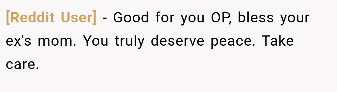 [Reddit User] − Good for you OP, bless your ex's mom. You truly deserve peace. Take care.