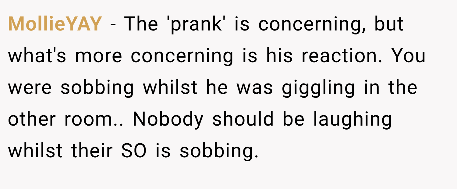 MollieYAY − The 'prank' is concerning, but what's more concerning is his reaction. You were sobbing whilst he was giggling in the other room.. Nobody should be laughing whilst their SO is sobbing.