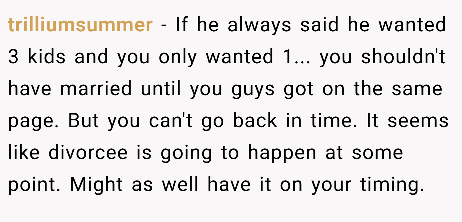 trilliumsummer − If he always said he wanted 3 kids and you only wanted 1... you shouldn't have married until you guys got on the same page. But you can't go back in time. It seems like divorcee is going to happen at some point. Might as well have it on your timing.