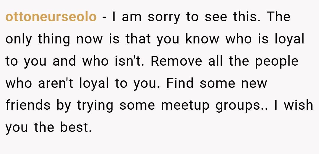 ottoneurseolo − I am sorry to see this. The only thing now is that you know who is loyal to you and who isn't. Remove all the people who aren't loyal to you. Find some new friends by trying some meetup groups.. I wish you the best.