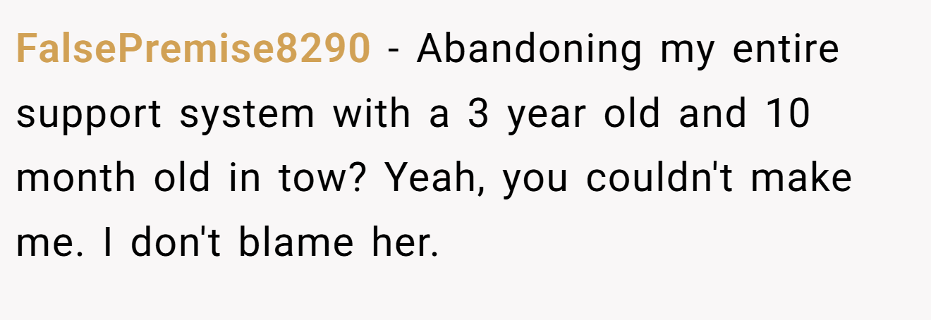 FalsePremise8290 − Abandoning my entire support system with a 3 year old and 10 month old in tow? Yeah, you couldn't make me. I don't blame her.