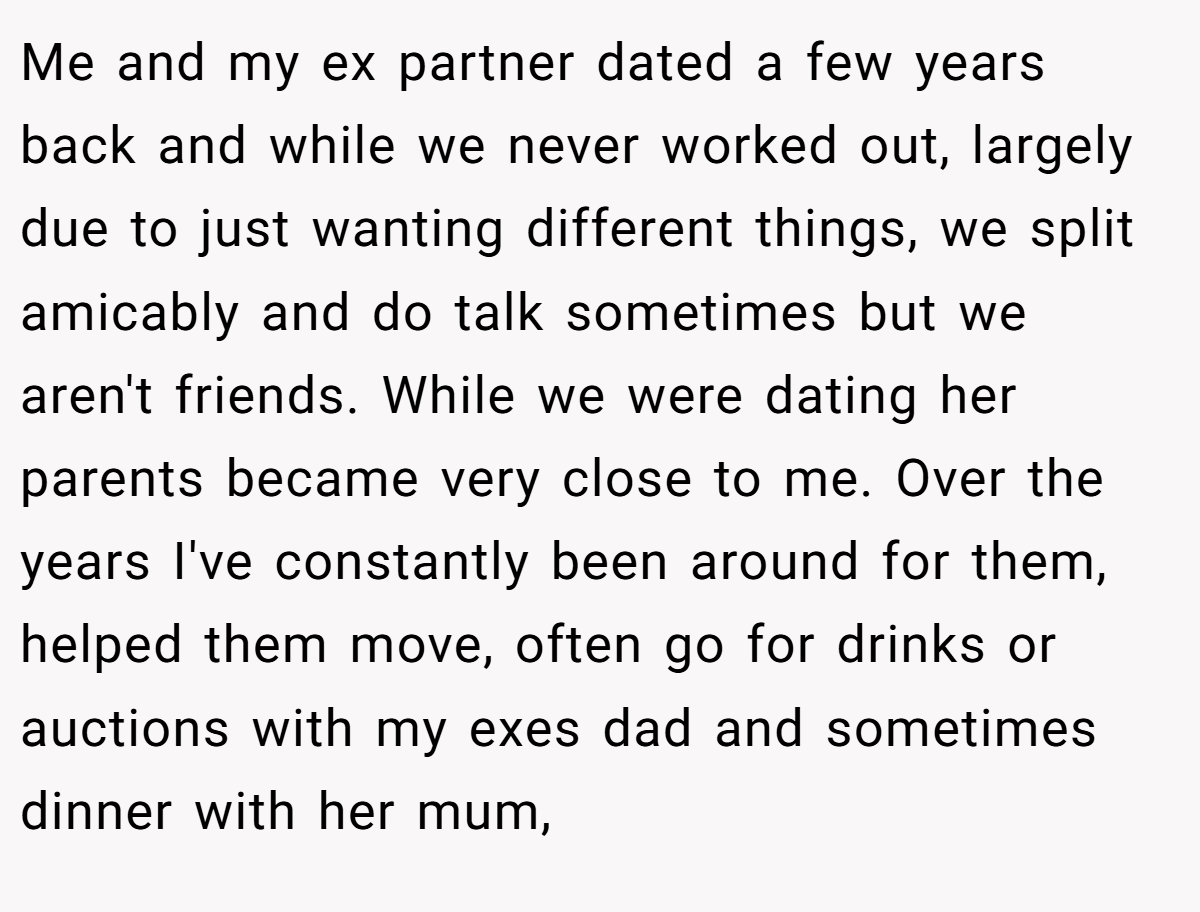 Me and my ex partner dated a few years back and while we never worked out, largely due to just wanting different things, we split amicably and do talk sometimes but we aren't friends. While we were dating her parents became very close to me. Over the years I've constantly been around for them, helped them move, often go for drinks or auctions with my exes dad and sometimes dinner with her mum,