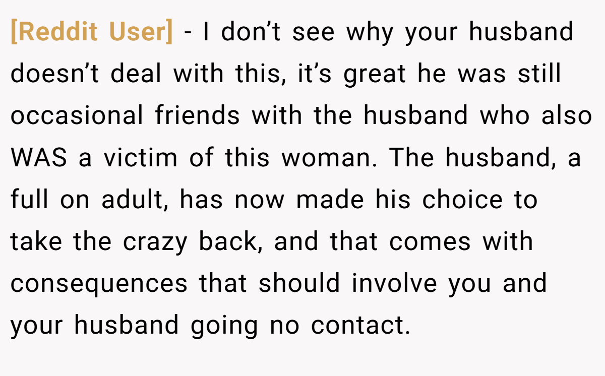 [Reddit User] − I don’t see why your husband doesn’t deal with this, it’s great he was still occasional friends with the husband who also WAS a victim of this woman. The husband, a full on adult, has now made his choice to take the crazy back, and that comes with consequences that should involve you and your husband going no contact.