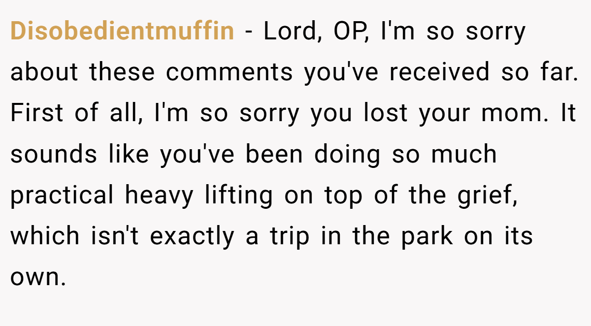 Disobedientmuffin − Lord, OP, I'm so sorry about these comments you've received so far. First of all, I'm so sorry you lost your mom. It sounds like you've been doing so much practical heavy lifting on top of the grief, which isn't exactly a trip in the park on its own.
