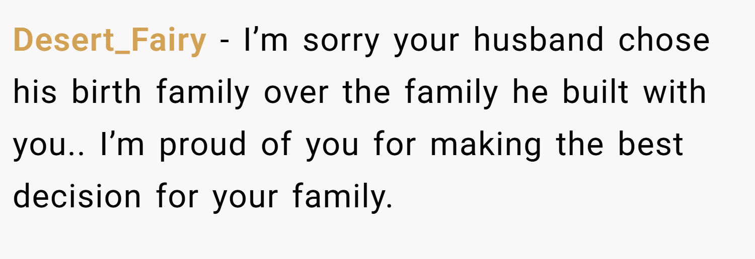 Desert_Fairy − I’m sorry your husband chose his birth family over the family he built with you.. I’m proud of you for making the best decision for your family.