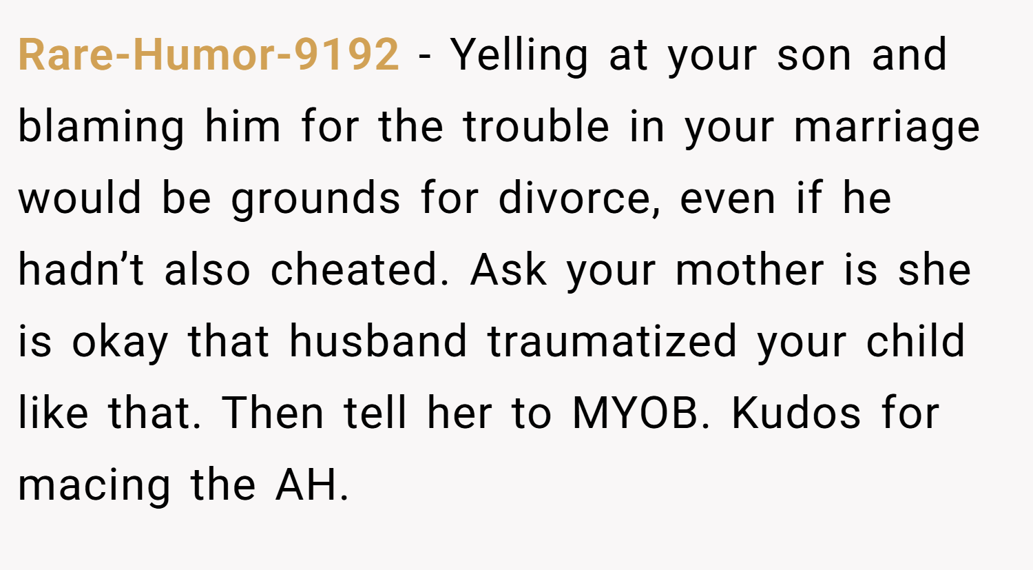 Rare-Humor-9192 − Yelling at your son and blaming him for the trouble in your marriage would be grounds for divorce, even if he hadn’t also cheated. Ask your mother is she is okay that husband traumatized your child like that. Then tell her to MYOB. Kudos for macing the AH.