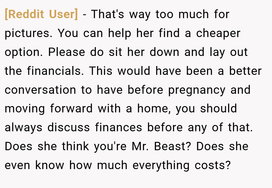 [Reddit User] − That's way too much for pictures. You can help her find a cheaper option. Please do sit her down and lay out the financials. This would have been a better conversation to have before pregnancy and moving forward with a home, you should always discuss finances before any of that. Does she think you're Mr. Beast? Does she even know how much everything costs?