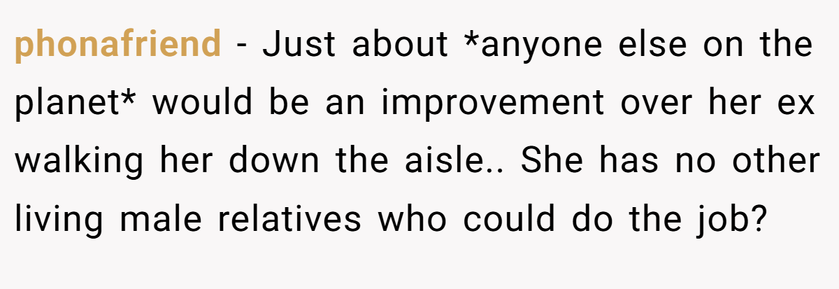 phonafriend − Just about *anyone else on the planet* would be an improvement over her ex walking her down the aisle.. She has no other living male relatives who could do the job?