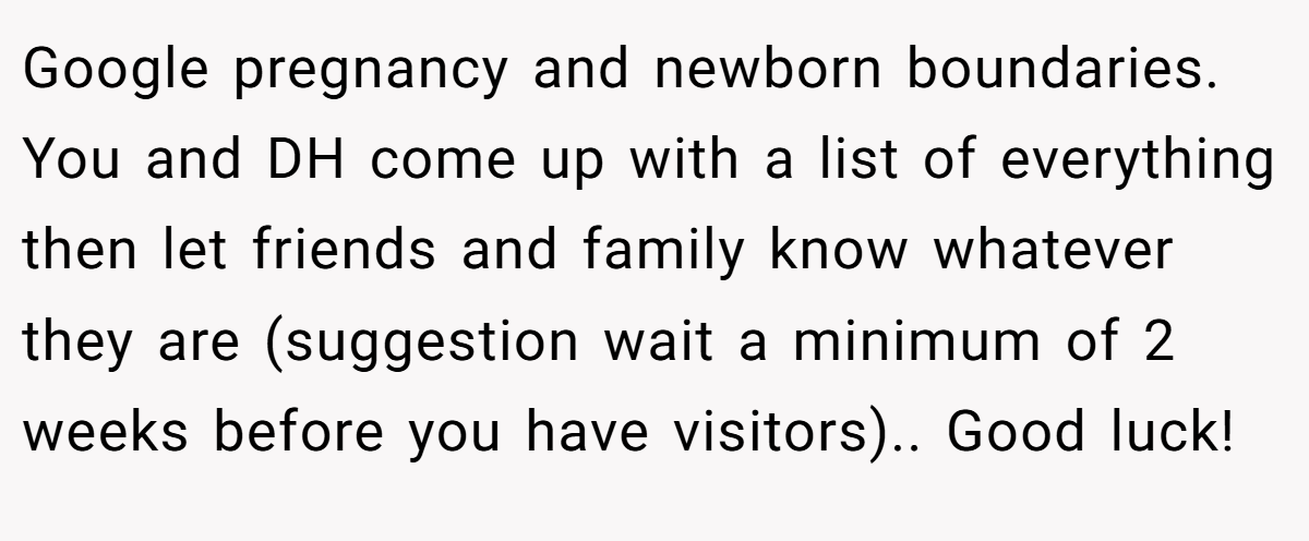 Google pregnancy and newborn boundaries. You and DH come up with a list of everything then let friends and family know whatever they are (suggestion wait a minimum of 2 weeks before you have visitors).. Good luck!