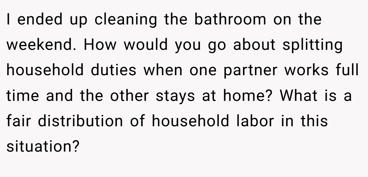 I ended up cleaning the bathroom on the weekend. How would you go about splitting household duties when one partner works full time and the other stays at home? What is a fair distribution of household labor in this situation?