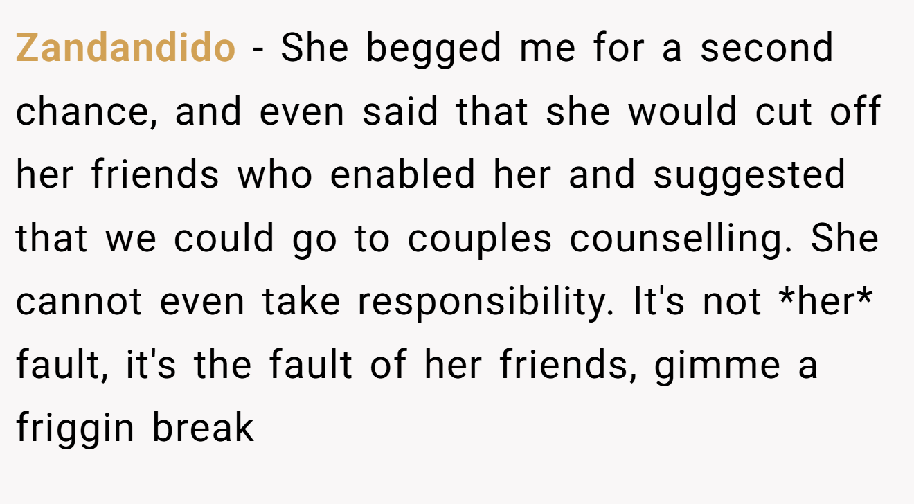 Zandandido − She begged me for a second chance, and even said that she would cut off her friends who enabled her and suggested that we could go to couples counselling. She cannot even take responsibility. It's not *her* fault, it's the fault of her friends, gimme a friggin break