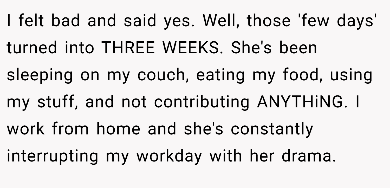 I felt bad and said yes. Well, those 'few days' turned into THREE WEEKS. She's been sleeping on my couch, eating my food, using my stuff, and not contributing ANYTHiNG. I work from home and she's constantly interrupting my workday with her drama.