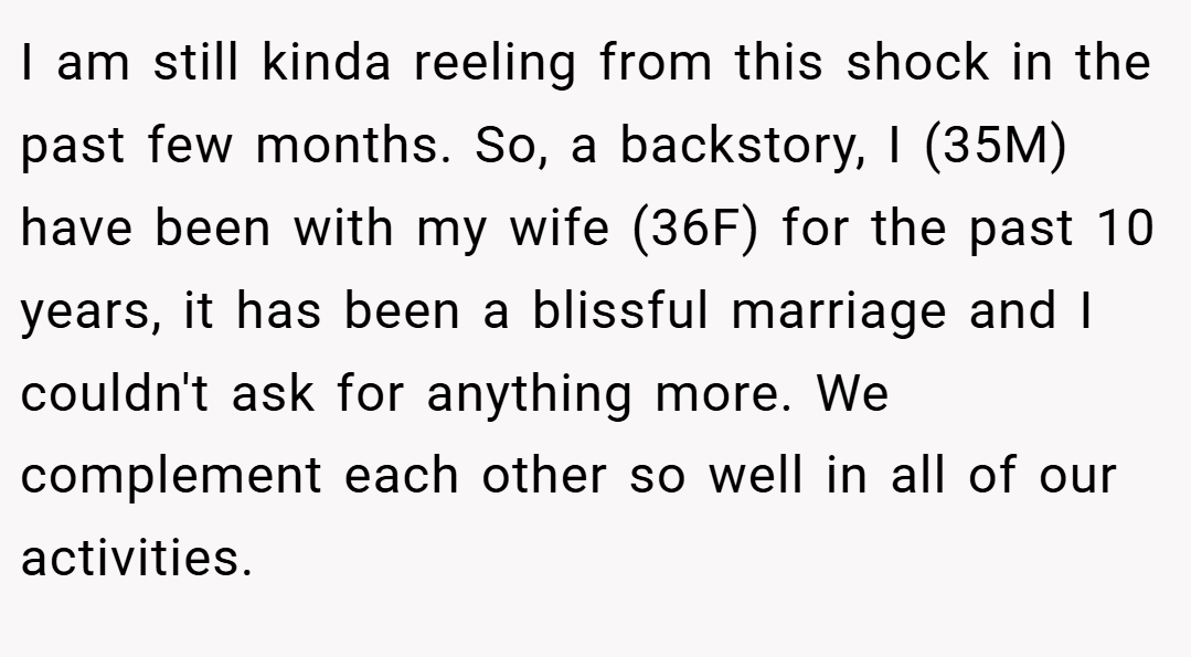 I am still kinda reeling from this shock in the past few months. So, a backstory, I (35M) have been with my wife (36F) for the past 10 years, it has been a blissful marriage and I couldn't ask for anything more. We complement each other so well in all of our activities.