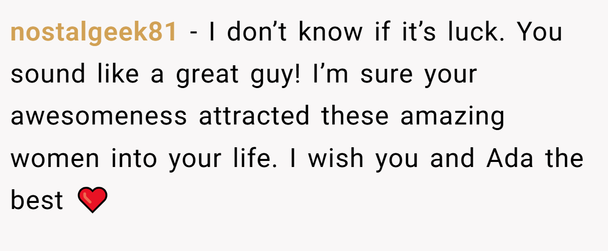 nostalgeek81 − I don’t know if it’s luck. You sound like a great guy! I’m sure your awesomeness attracted these amazing women into your life. I wish you and Ada the best ❤️