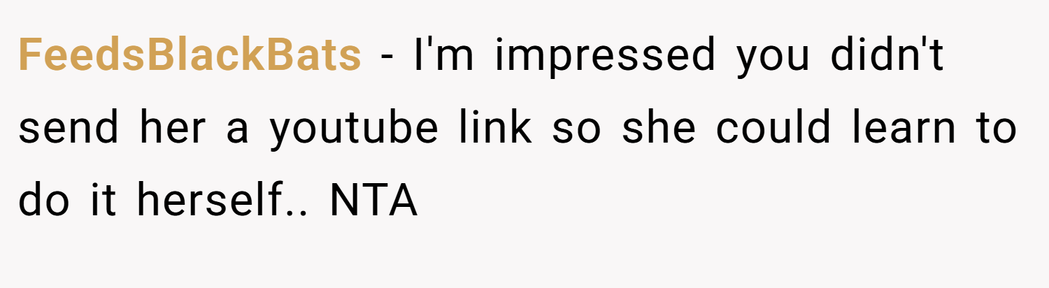 FeedsBlackBats − I'm impressed you didn't send her a youtube link so she could learn to do it herself.. NTA