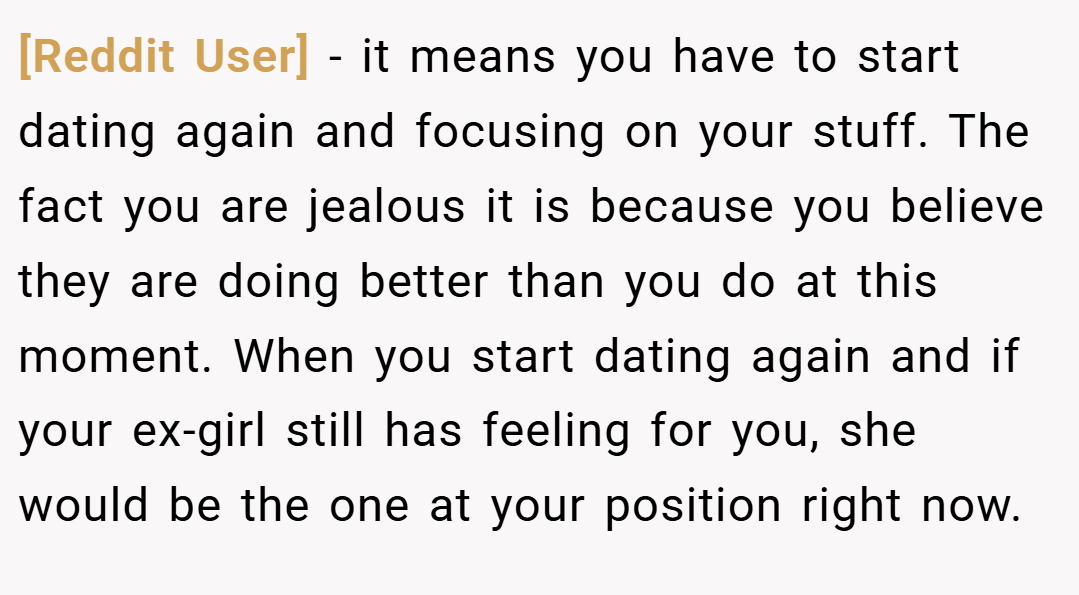 [Reddit User] − it means you have to start dating again and focusing on your stuff. The fact you are jealous it is because you believe they are doing better than you do at this moment. When you start dating again and if your ex-girl still has feeling for you, she would be the one at your position right now.