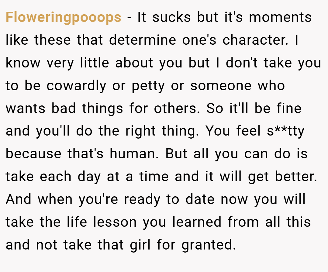 Floweringpooops − It sucks but it's moments like these that determine one's character. I know very little about you but I don't take you to be cowardly or petty or someone who wants bad things for others. So it'll be fine and you'll do the right thing. You feel s**tty because that's human. But all you can do is take each day at a time and it will get better. And when you're ready to date now you will take the life lesson you learned from all this and not take that girl for granted.