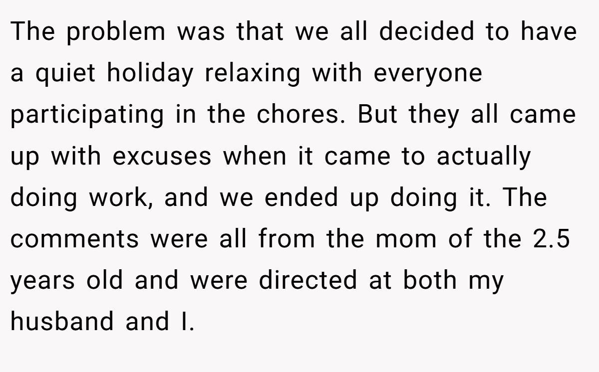 The problem was that we all decided to have a quiet holiday relaxing with everyone participating in the chores. But they all came up with excuses when it came to actually doing work, and we ended up doing it. The comments were all from the mom of the 2.5 years old and were directed at both my husband and I.