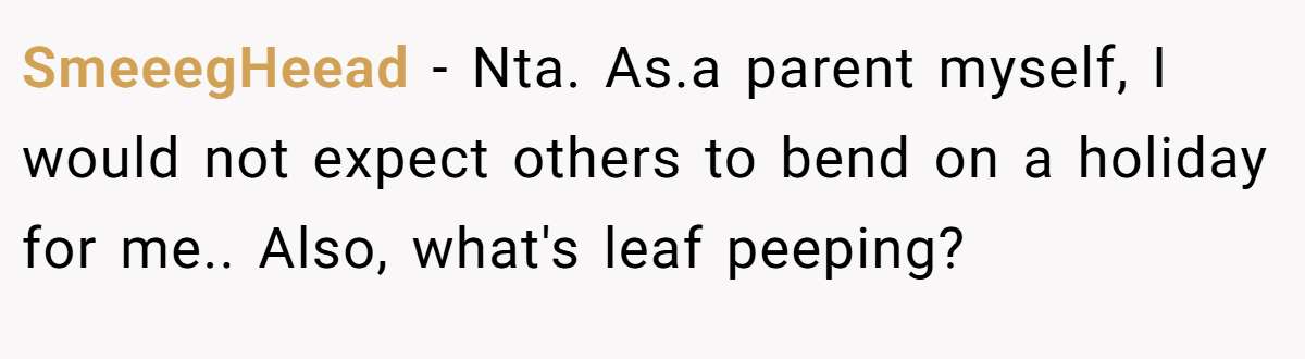 SmeeegHeead − Nta. As.a parent myself, I would not expect others to bend on a holiday for me.. Also, what's leaf peeping?