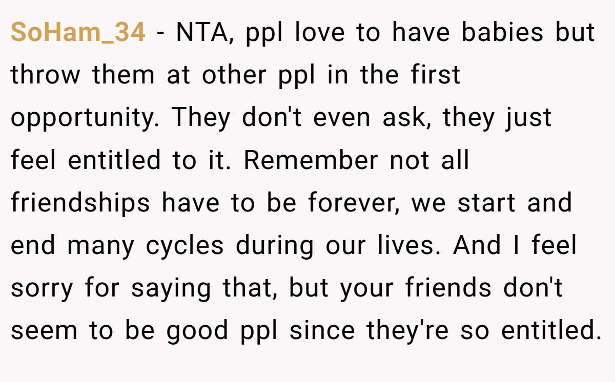 SoHam_34 − NTA, ppl love to have babies but throw them at other ppl in the first opportunity. They don't even ask, they just feel entitled to it. Remember not all friendships have to be forever, we start and end many cycles during our lives. And I feel sorry for saying that, but your friends don't seem to be good ppl since they're so entitled.