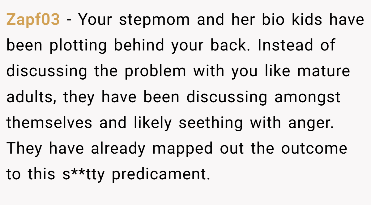 Zapf03 − Your stepmom and her bio kids have been plotting behind your back. Instead of discussing the problem with you like mature adults, they have been discussing amongst themselves and likely seething with anger. They have already mapped out the outcome to this s**tty predicament.
