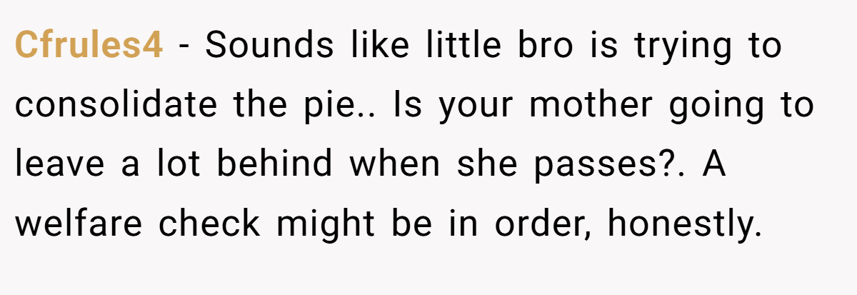 Cfrules4 − Sounds like little bro is trying to consolidate the pie.. Is your mother going to leave a lot behind when she passes?. A welfare check might be in order, honestly.