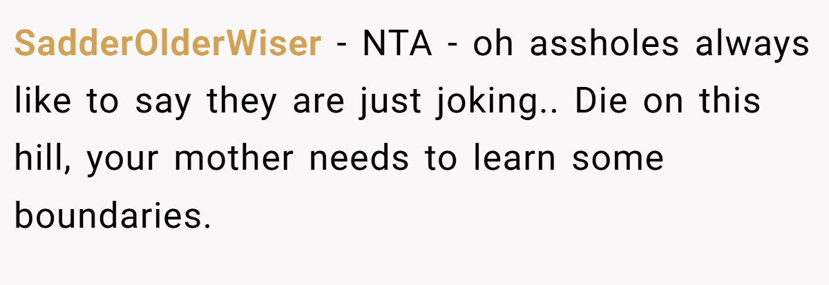 SadderOlderWiser − NTA - oh assholes always like to say they are just joking.. Die on this hill, your mother needs to learn some boundaries.