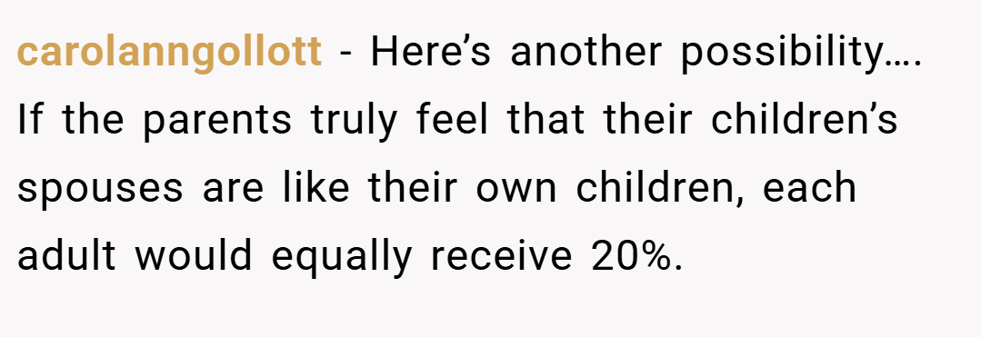 carolanngollott − Here’s another possibility…. If the parents truly feel that their children’s spouses are like their own children, each adult would equally receive 20%.