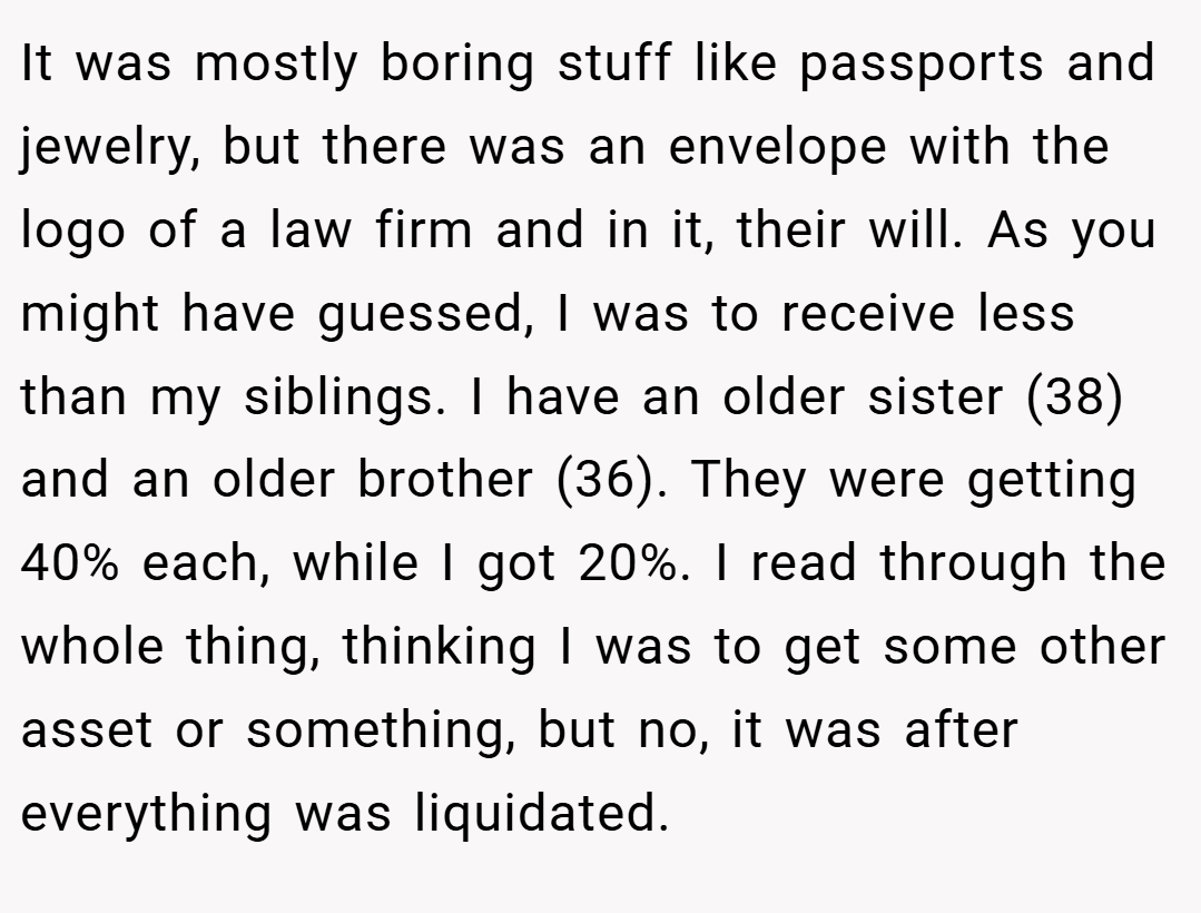 It was mostly boring stuff like passports and jewelry, but there was an envelope with the logo of a law firm and in it, their will. As you might have guessed, I was to receive less than my siblings. I have an older sister (38) and an older brother (36). They were getting 40% each, while I got 20%. I read through the whole thing, thinking I was to get some other asset or something, but no, it was after everything was liquidated.