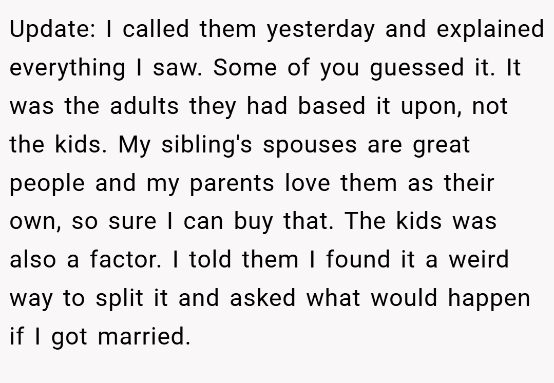 Update: I called them yesterday and explained everything I saw. Some of you guessed it. It was the adults they had based it upon, not the kids. My sibling's spouses are great people and my parents love them as their own, so sure I can buy that. The kids was also a factor. I told them I found it a weird way to split it and asked what would happen if I got married.