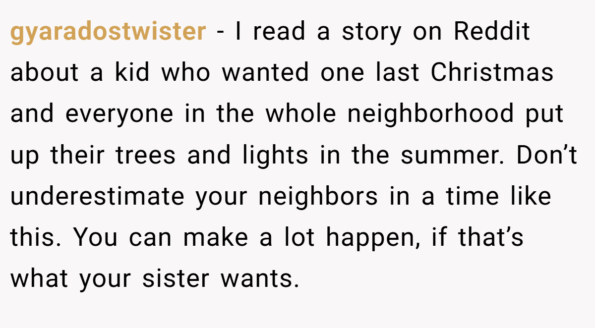 gyaradostwister − I read a story on Reddit about a kid who wanted one last Christmas and everyone in the whole neighborhood put up their trees and lights in the summer. Don’t underestimate your neighbors in a time like this. You can make a lot happen, if that’s what your sister wants.