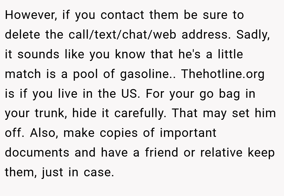 However, if you contact them be sure to delete the call/text/chat/web address. Sadly, it sounds like you know that he's a little match is a pool of gasoline.. Thehotline.org is if you live in the US. For your go bag in your trunk, hide it carefully. That may set him off. Also, make copies of important documents and have a friend or relative keep them, just in case.