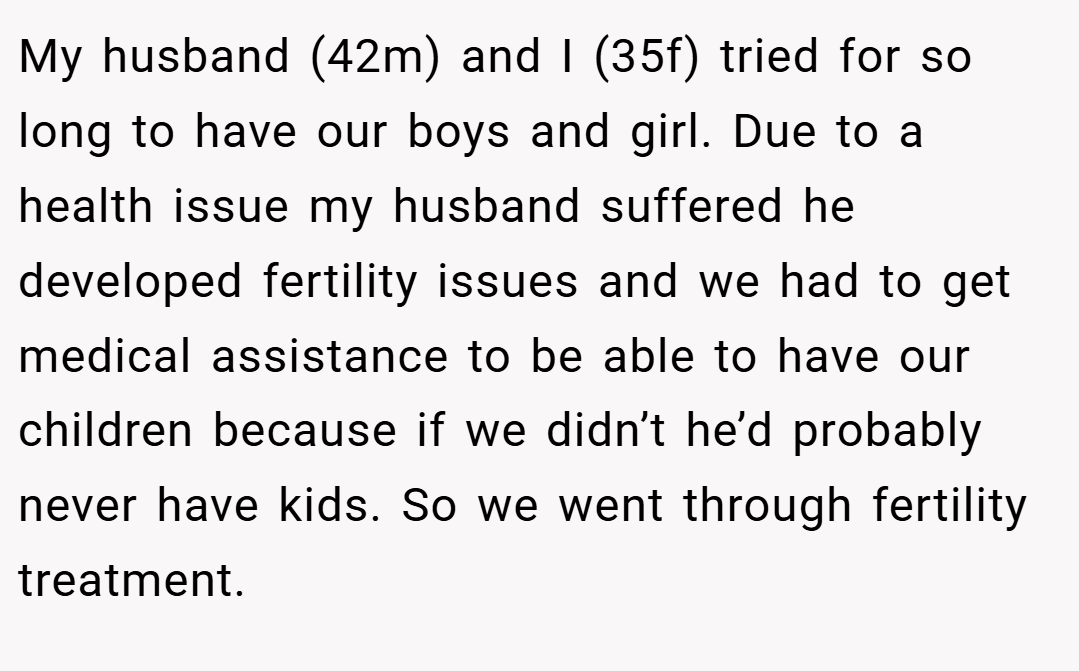 My husband (42m) and I (35f) tried for so long to have our boys and girl. Due to a health issue my husband suffered he developed fertility issues and we had to get medical assistance to be able to have our children because if we didn’t he’d probably never have kids. So we went through fertility treatment.