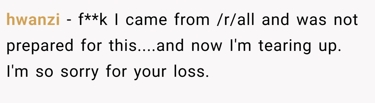 hwanzi − f**k I came from /r/all and was not prepared for this....and now I'm tearing up. I'm so sorry for your loss.