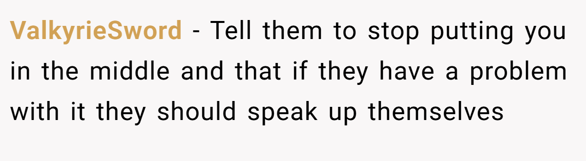 ValkyrieSword − Tell them to stop putting you in the middle and that if they have a problem with it they should speak up themselves