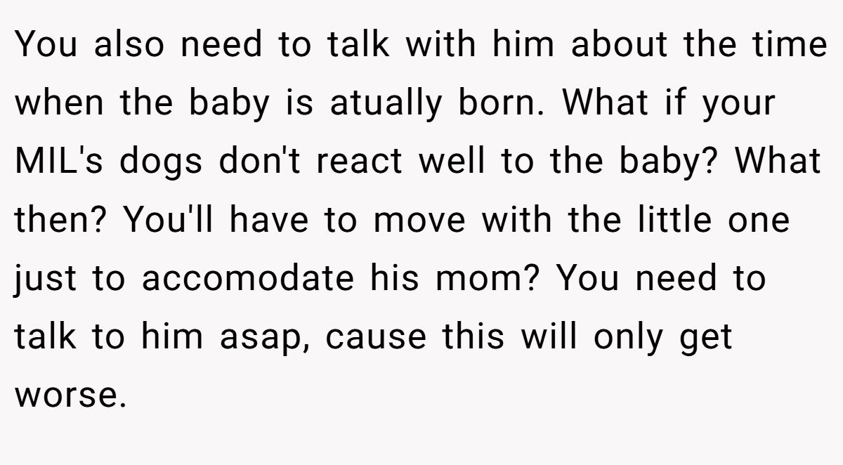 You also need to talk with him about the time when the baby is atually born. What if your MIL's dogs don't react well to the baby? What then? You'll have to move with the little one just to accomodate his mom? You need to talk to him asap, cause this will only get worse.