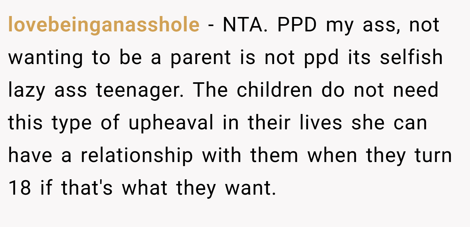 lovebeinganasshole − NTA. PPD my ass, not wanting to be a parent is not ppd its selfish lazy ass teenager. The children do not need this type of upheaval in their lives she can have a relationship with them when they turn 18 if that's what they want.