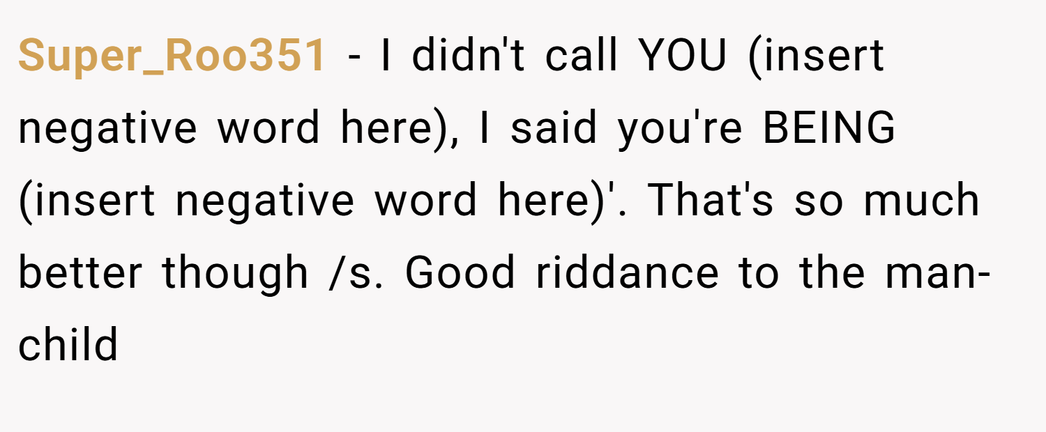 Super_Roo351 − I didn't call YOU (insert negative word here), I said you're BEING (insert negative word here)'. That's so much better though /s. Good riddance to the man-child