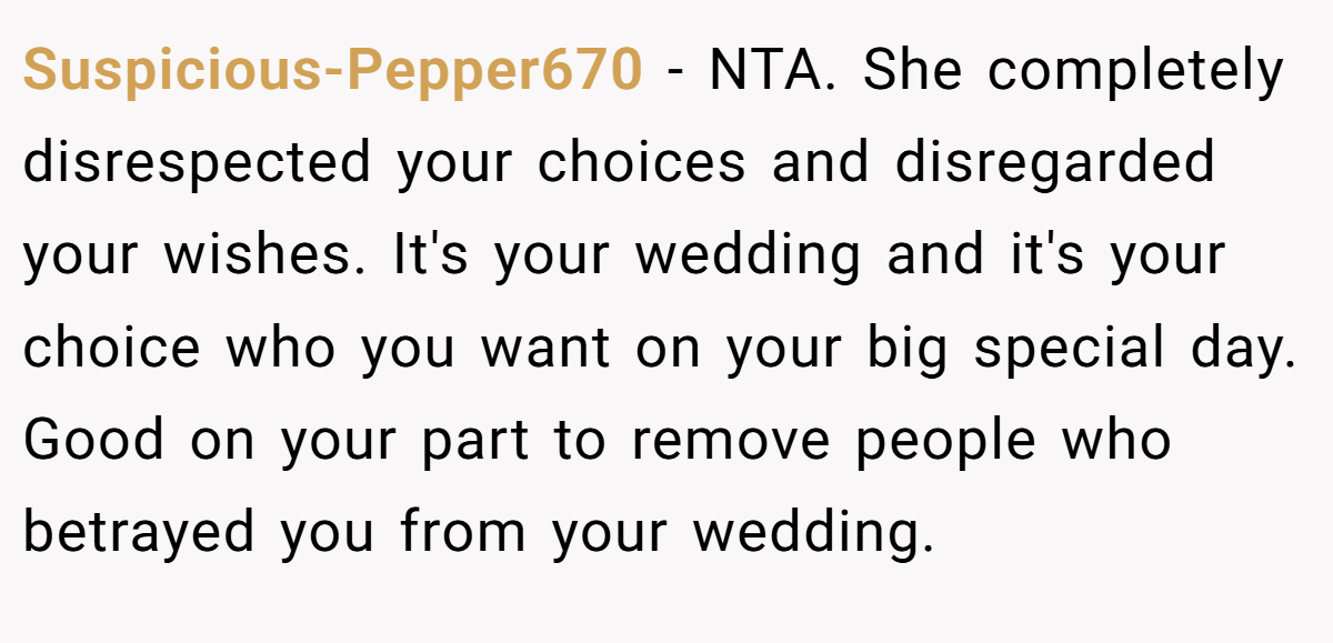Suspicious-Pepper670 − NTA. She completely disrespected your choices and disregarded your wishes. It's your wedding and it's your choice who you want on your big special day. Good on your part to remove people who betrayed you from your wedding.