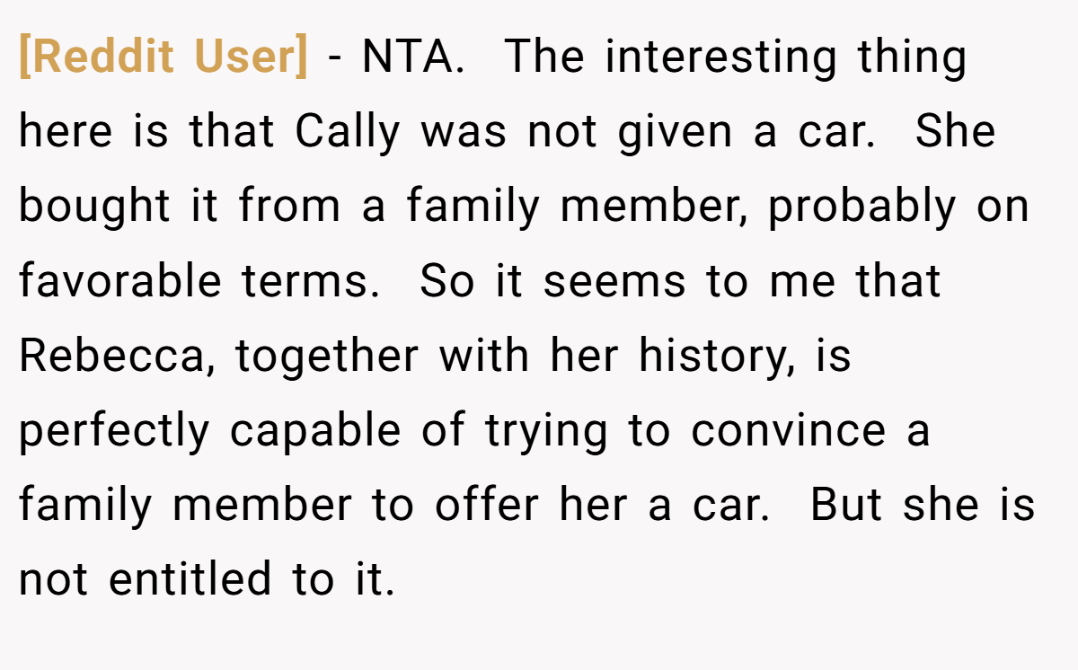 [Reddit User] − NTA.  The interesting thing here is that Cally was not given a car.  She bought it from a family member, probably on favorable terms.  So it seems to me that Rebecca, together with her history, is perfectly capable of trying to convince a family member to offer her a car.  But she is not entitled to it. 
