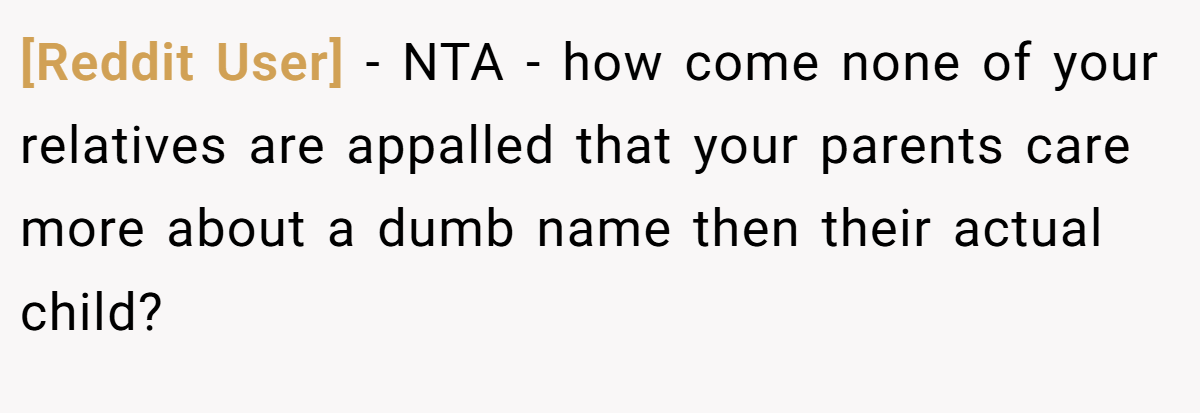 [Reddit User] − NTA - how come none of your relatives are appalled that your parents care more about a dumb name then their actual child?