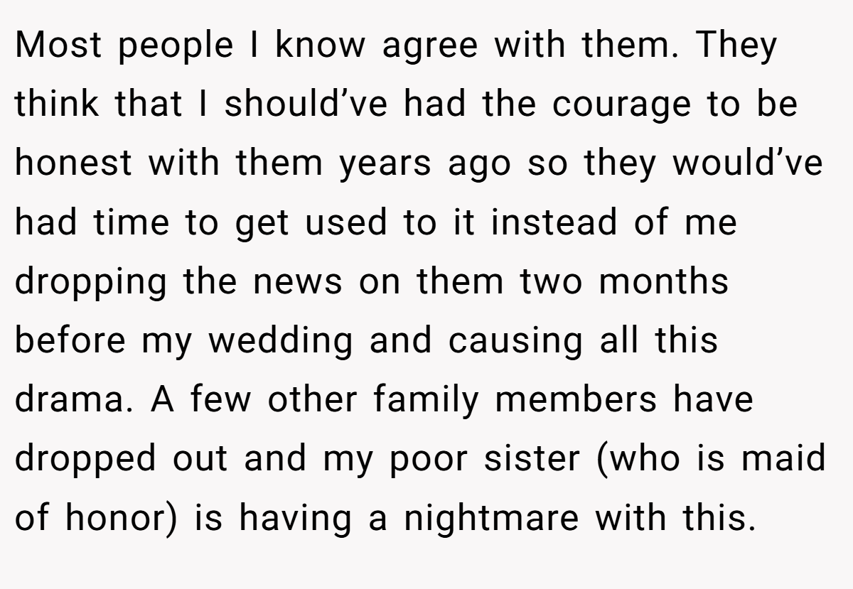 Most people I know agree with them. They think that I should’ve had the courage to be honest with them years ago so they would’ve had time to get used to it instead of me dropping the news on them two months before my wedding and causing all this drama. A few other family members have dropped out and my poor sister (who is maid of honor) is having a nightmare with this.