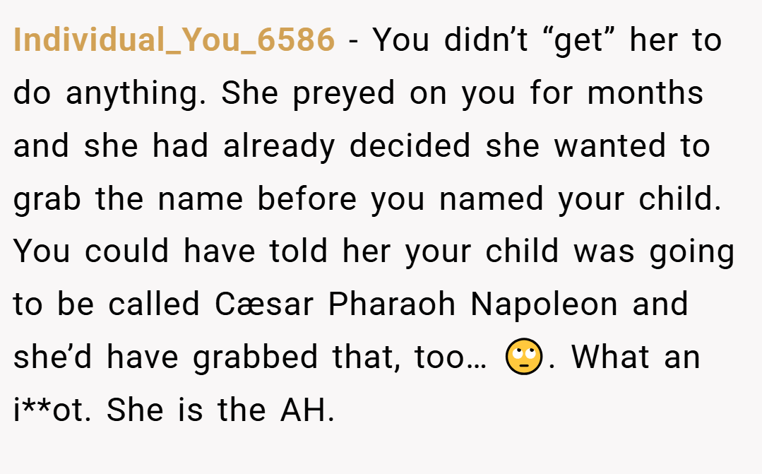 Individual_You_6586 − You didn’t “get” her to do anything. She preyed on you for months and she had already decided she wanted to grab the name before you named your child. You could have told her your child was going to be called Cæsar Pharaoh Napoleon and she’d have grabbed that, too… 🙄. What an i**ot. She is the AH. 