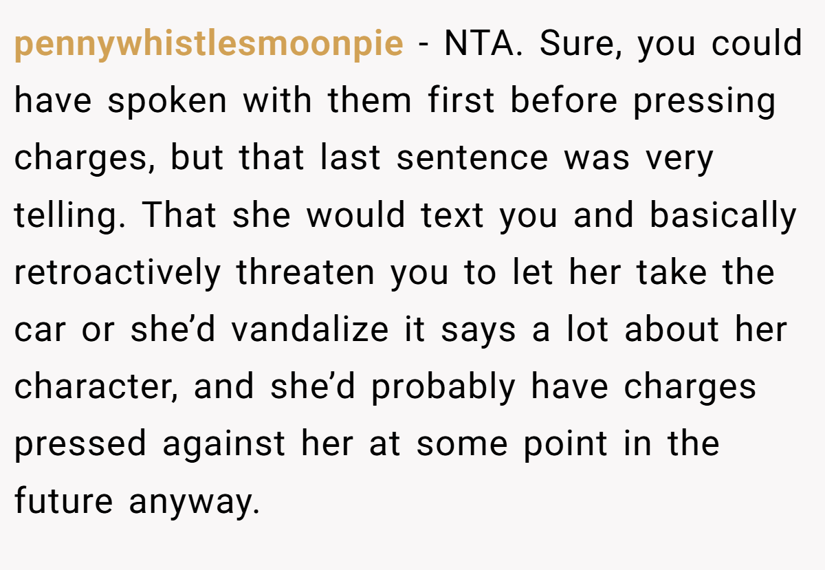 pennywhistlesmoonpie − NTA. Sure, you could have spoken with them first before pressing charges, but that last sentence was very telling. That she would text you and basically retroactively threaten you to let her take the car or she’d vandalize it says a lot about her character, and she’d probably have charges pressed against her at some point in the future anyway.