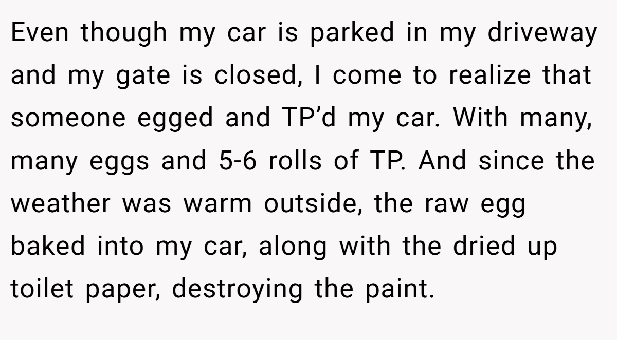 Even though my car is parked in my driveway and my gate is closed, I come to realize that someone egged and TP’d my car. With many, many eggs and 5-6 rolls of TP. And since the weather was warm outside, the raw egg baked into my car, along with the dried up toilet paper, destroying the paint.