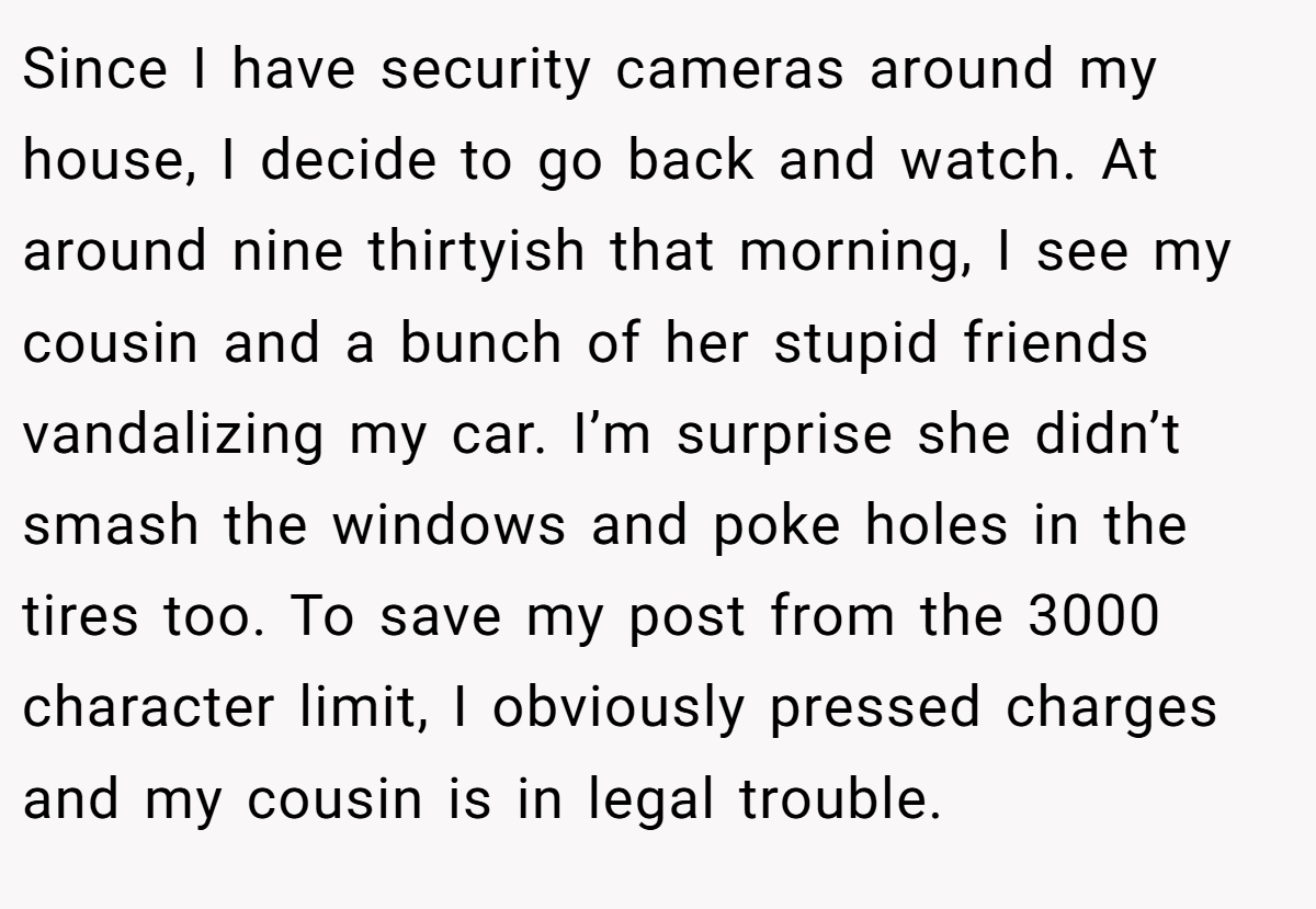 Since I have security cameras around my house, I decide to go back and watch. At around nine thirtyish that morning, I see my cousin and a bunch of her stupid friends vandalizing my car. I’m surprise she didn’t smash the windows and poke holes in the tires too. To save my post from the 3000 character limit, I obviously pressed charges and my cousin is in legal trouble.